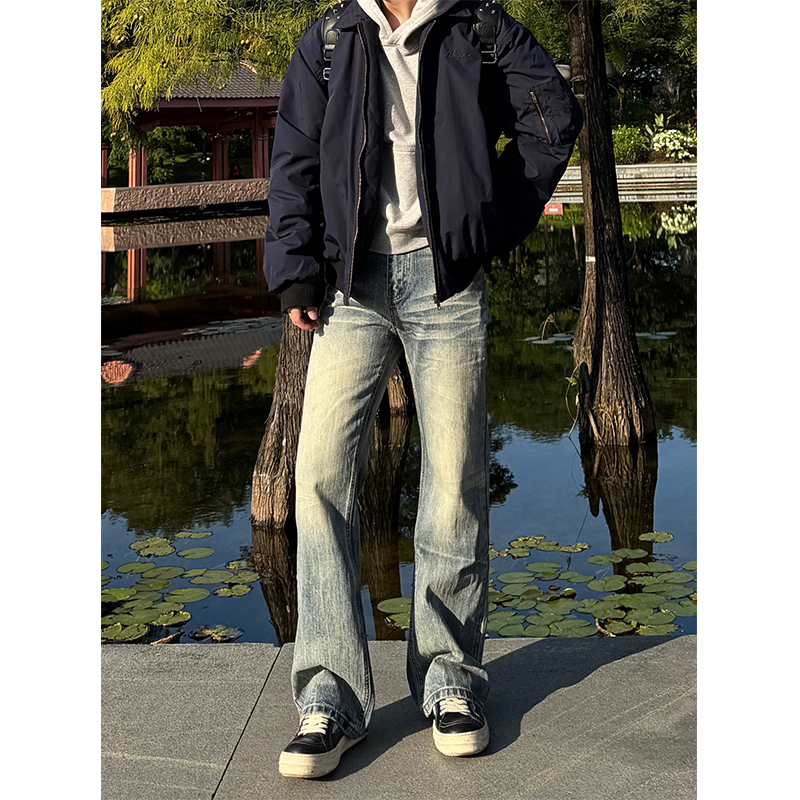 COCKTAIL BAR复古vibe复古水洗做旧牛仔裤男潮微喇显瘦cleanfit