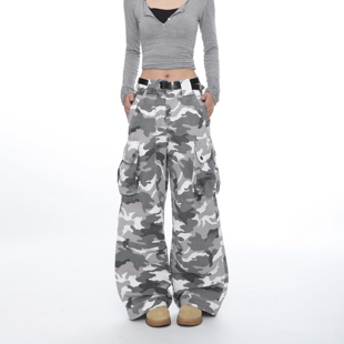 COCKTAIL BAR美式高街灰白迷彩水洗弯刀阔腿裤男女多口袋vibe裤子