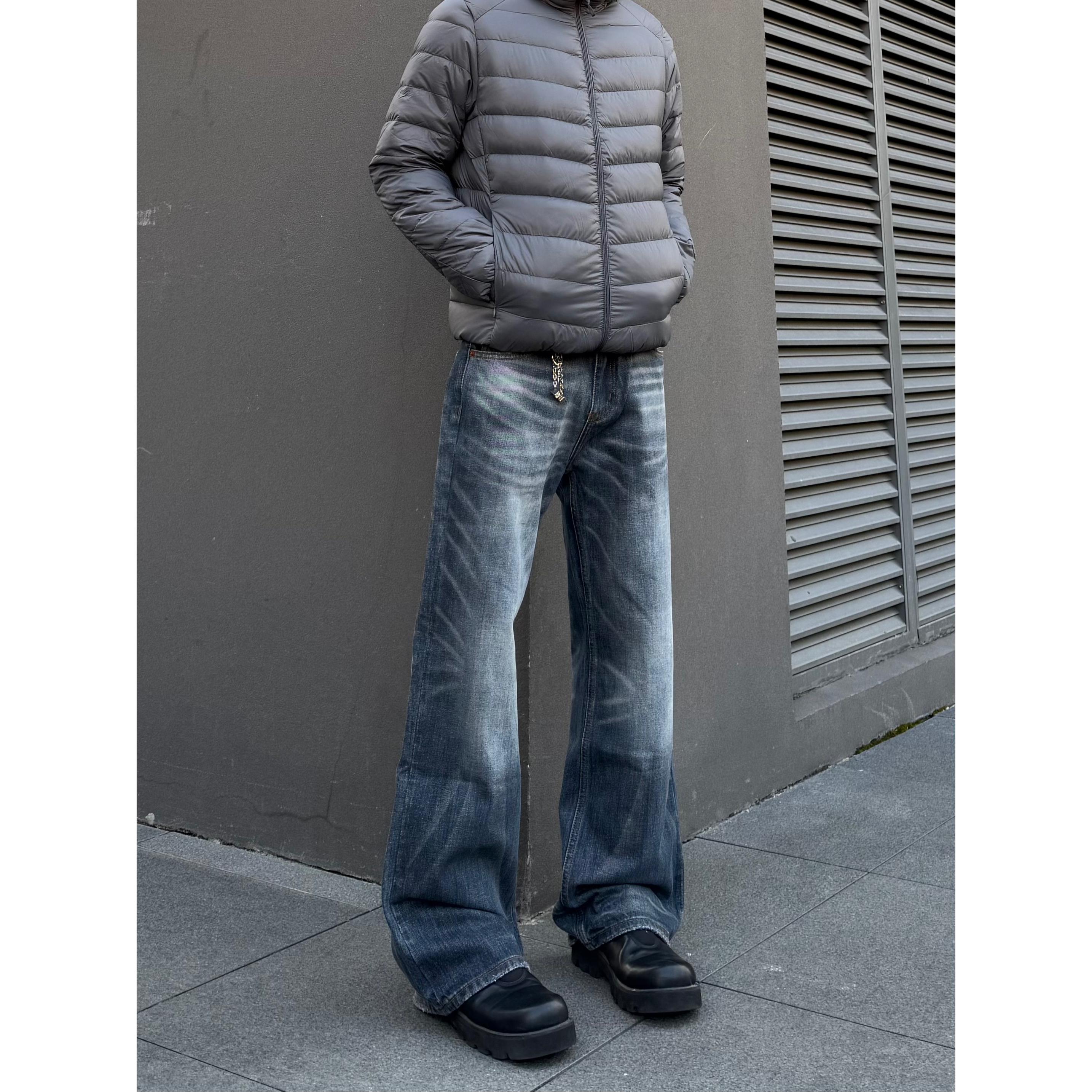 COCKTAIL美式复古蓝灰色宽松直筒牛仔裤立体猫须百搭通勤长裤男女