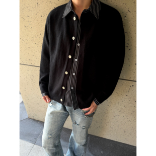 COCKTAIL秋冬条纹衬衫拼接毛衣假两件宽松学院风针织开衫毛衣外套