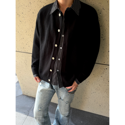 条纹衬衫拼接毛衣假两件