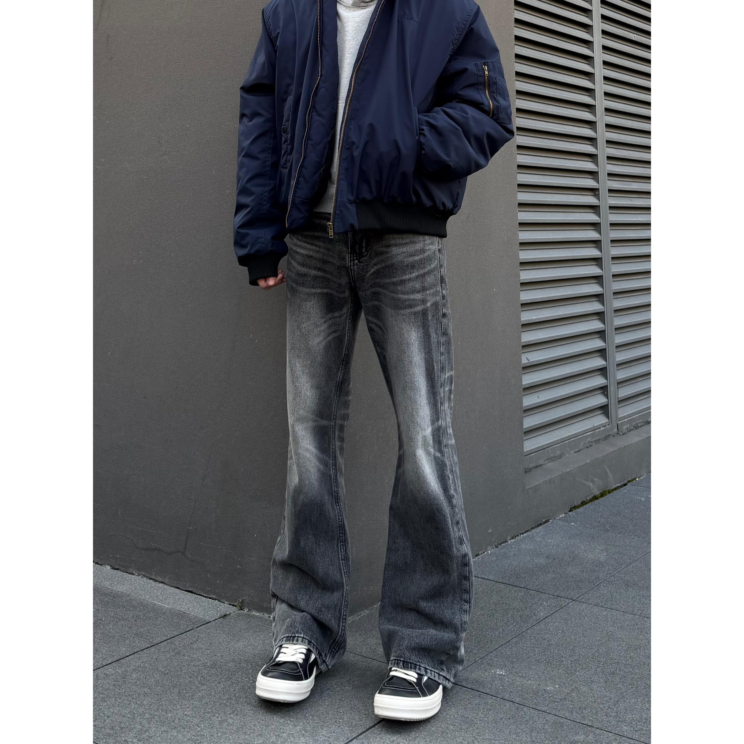 美式复古cleanfit黑灰色牛仔裤