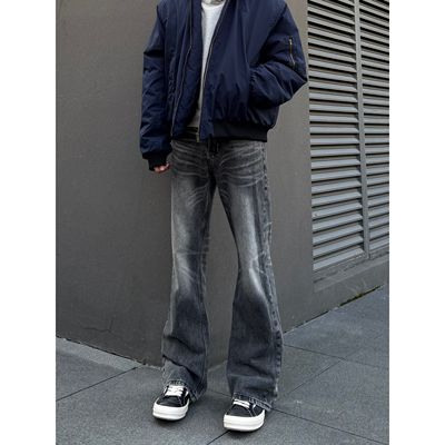 美式复古cleanfit黑灰色牛仔裤