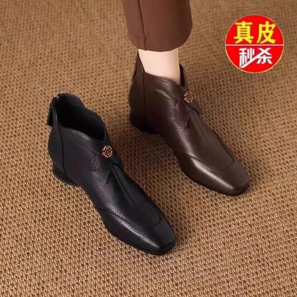 胖东来红青蜓真皮短靴女2024秋冬季新款加绒方头及踝靴百搭马丁靴