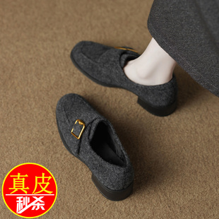 品牌真皮单鞋女一脚蹬超火乐福鞋2026春秋新款磨砂灰色百搭勃肯鞋