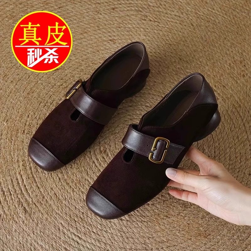 品牌撤柜真皮磨砂低跟单鞋