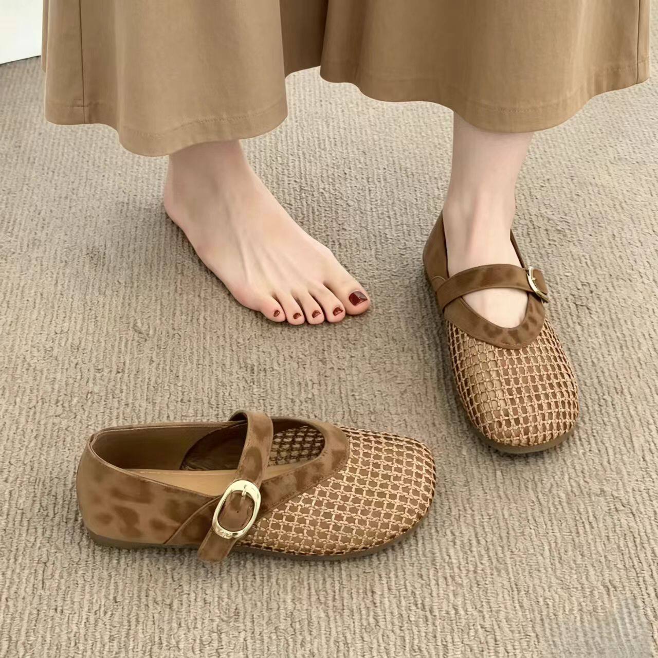 品牌真皮平底编织舒适透气单鞋女