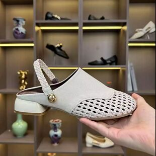 品牌真皮时尚透气编织镂空拖鞋女2026夏季新款单鞋两穿包头半拖鞋