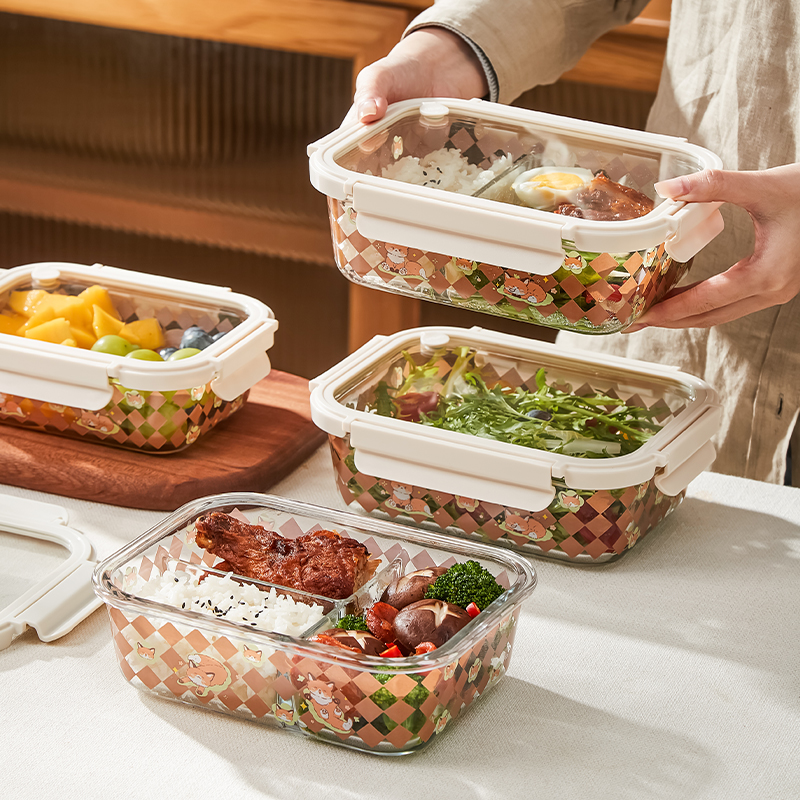 印花饭盒微波炉加热食品级玻璃碗便当带盖子饭盒高硼硅玻璃器皿Q