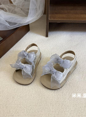 韩版女童凉鞋双蝴蝶结公主周岁礼服鞋夏0-1-2岁3女宝宝露趾沙滩鞋