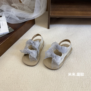 韩版女童凉鞋双蝴蝶结公主周岁礼服鞋夏0-1-2岁3女宝宝露趾沙滩鞋
