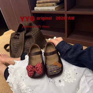 2026秋新款可爱猫咪女童皮鞋方头蝴蝶结公主鞋女宝宝浅口单鞋软底
