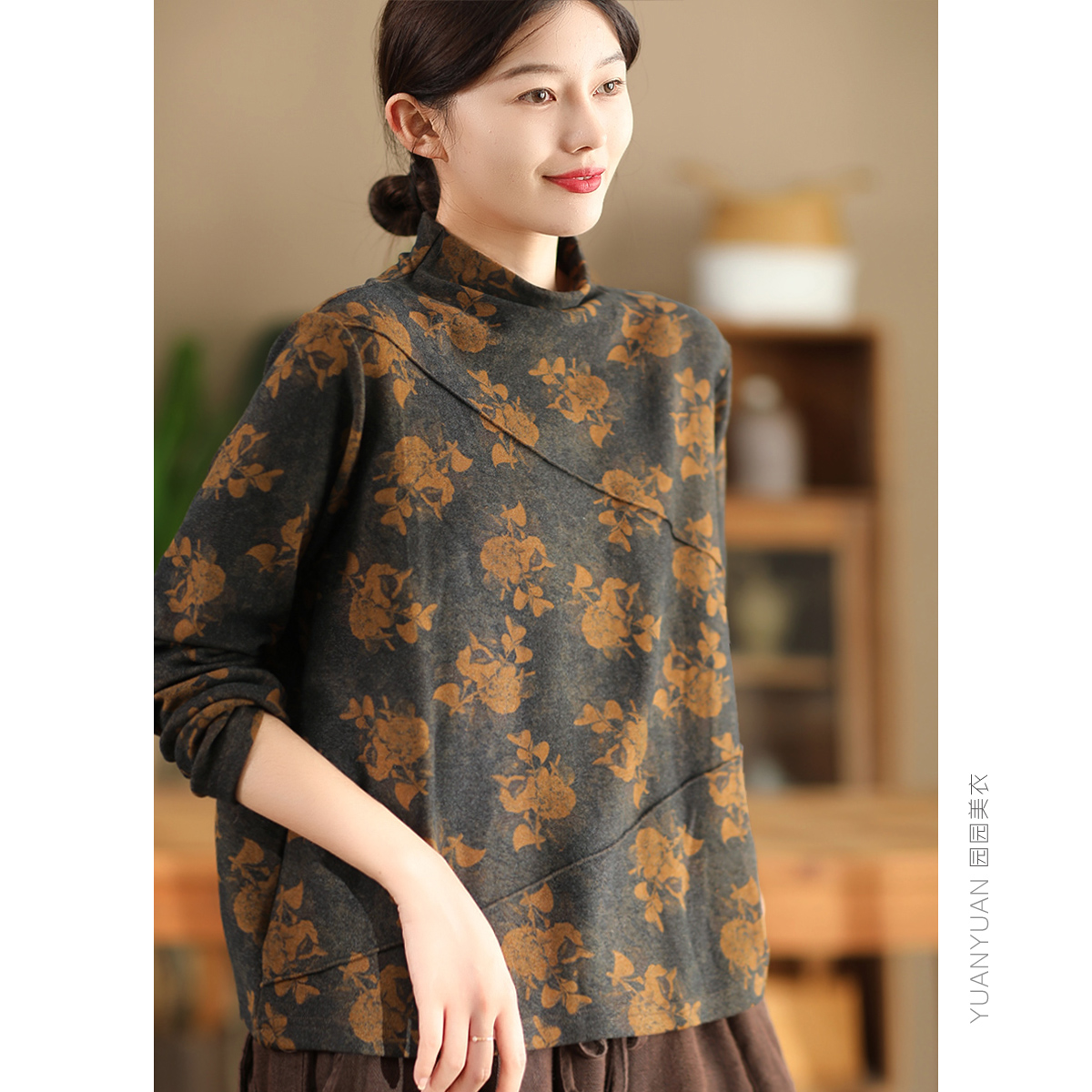 长袖复古印花针织女显瘦