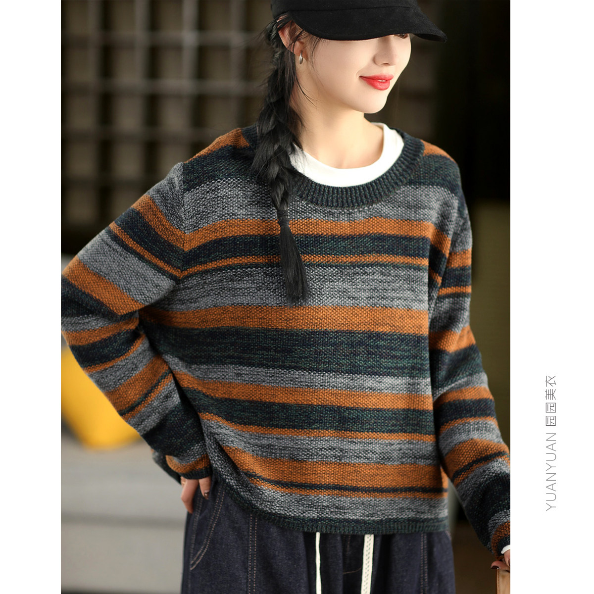 园园美衣复古炒色棉线针织毛衣时尚拼色圆领长袖套头衫毛线上衣春,女装/女士精品,毛针织衫,淘宝优惠券,粉丝福利购,淘宝优惠卷