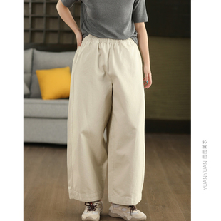 园园美衣秋季复古100%棉休闲裤女松紧腰显瘦直筒裤纯色百搭长裤