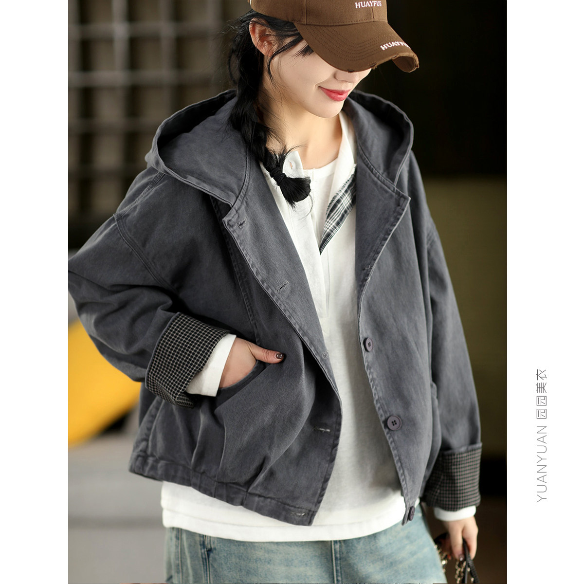 复古炒色100%棉连帽外套女拼接格纹长袖夹克开衫春款休闲外搭上衣