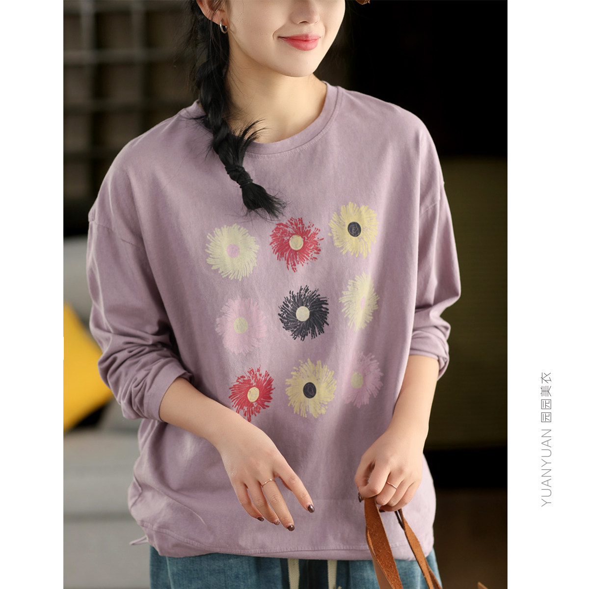 园园美衣新款文艺印花精梳棉长袖上衣女春款时尚抽绳摆套头衫T恤,女装/女士精品,T恤,淘宝优惠券,粉丝福利购,淘宝优惠卷