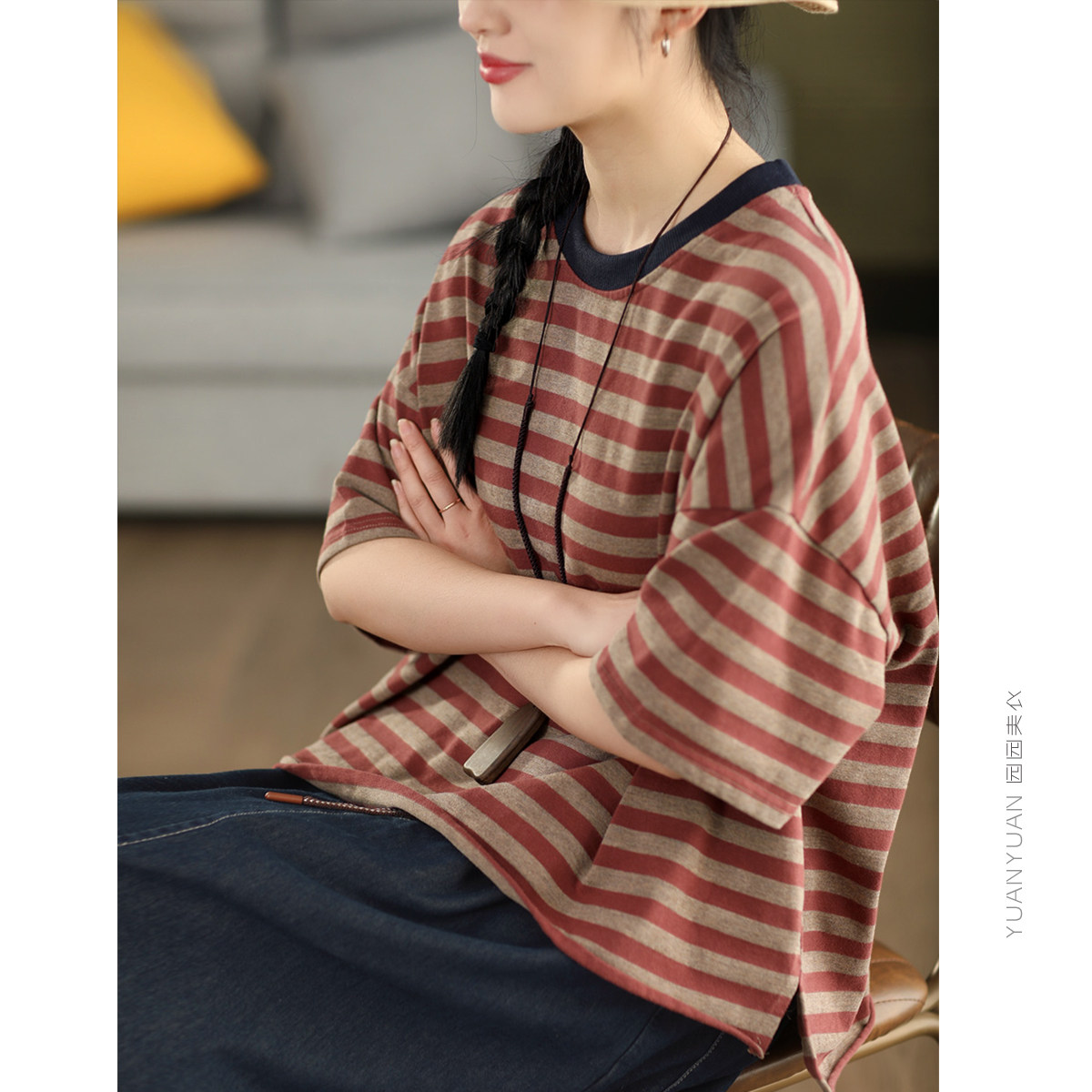 高品质厚T100%棉条纹短袖春夏圆领套头衫文艺休闲百搭T恤上衣