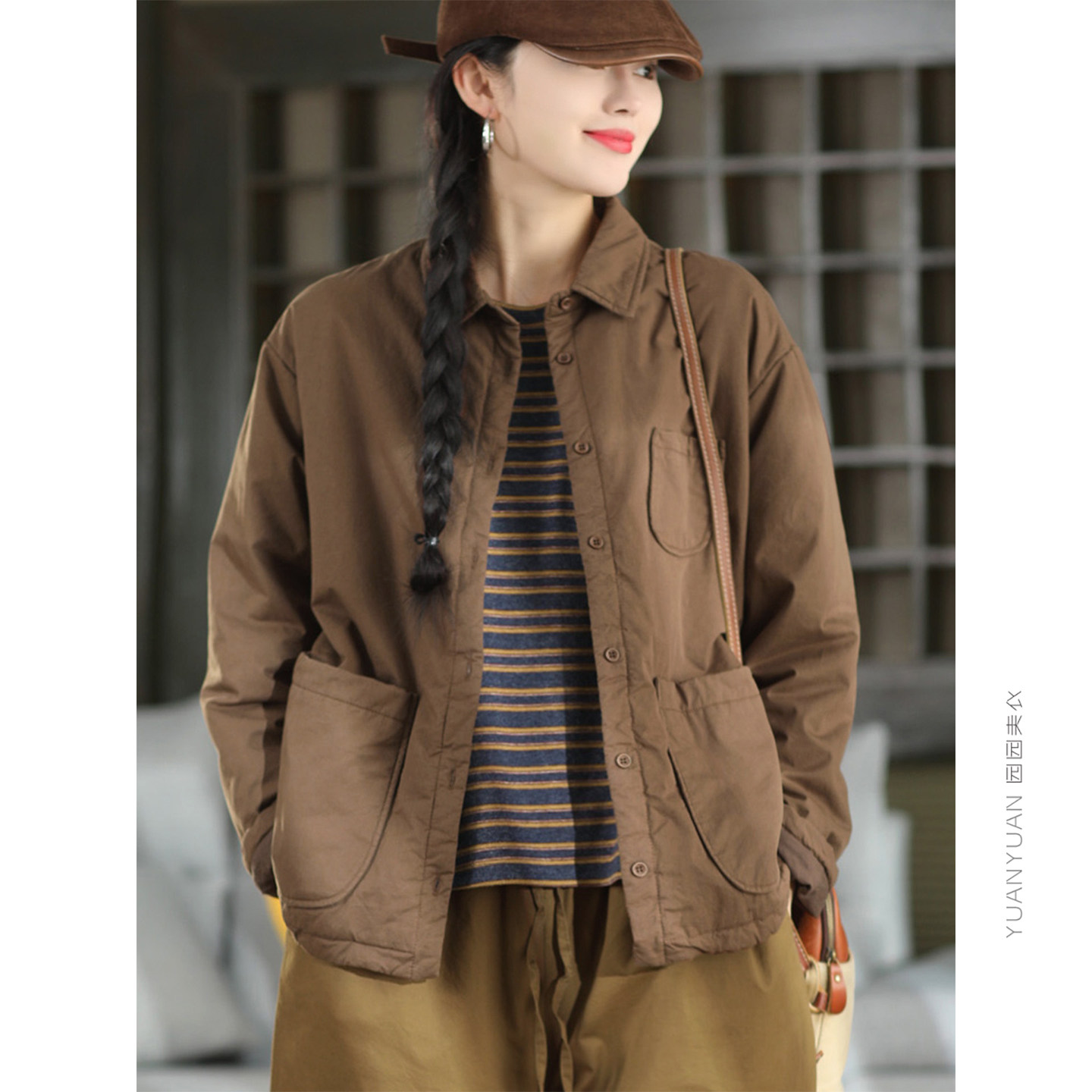 园园美衣秋冬复古100%棉夹棉衬衫外套女文艺内里薄棉保暖棉袄棉服