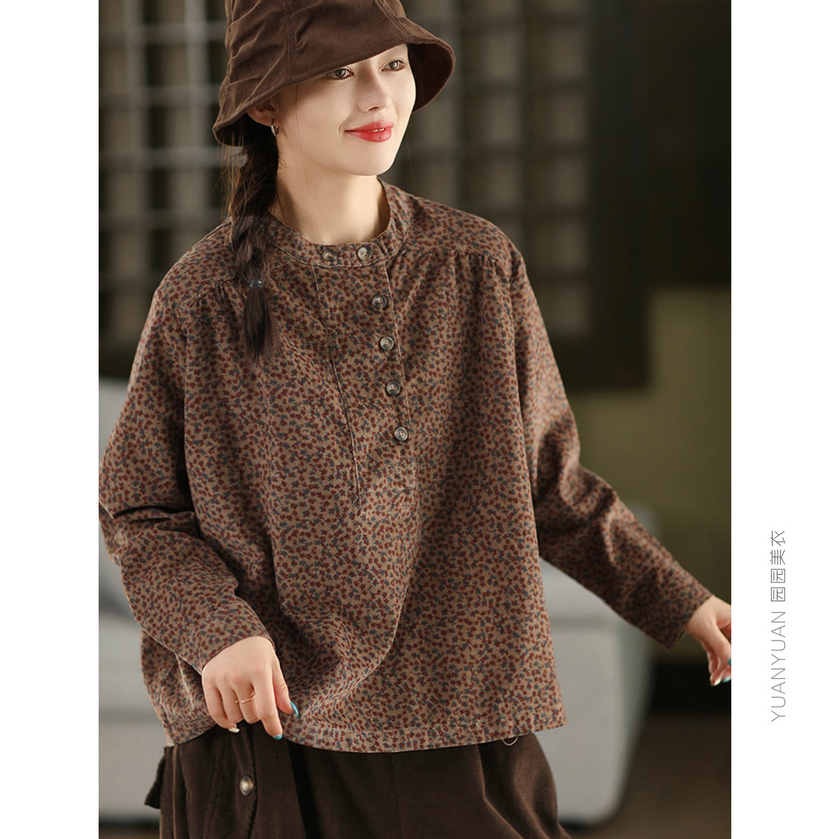 园园美衣复古炒色印花全棉灯芯绒衬衫秋季立领细条绒衬衣套头上衣,女装/女士精品,衬衫,淘宝优惠券,粉丝福利购,淘宝优惠卷