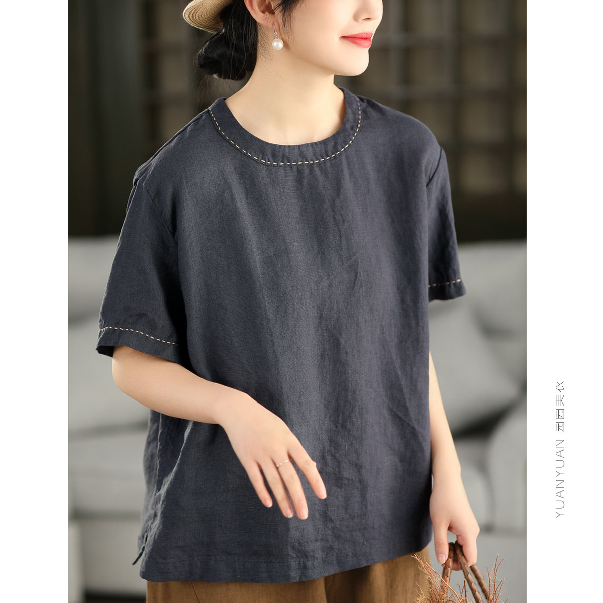 复古敦实水果酵洗100%汉麻上衣钩线圆领套头衫夏短袖T恤显瘦麻衫
