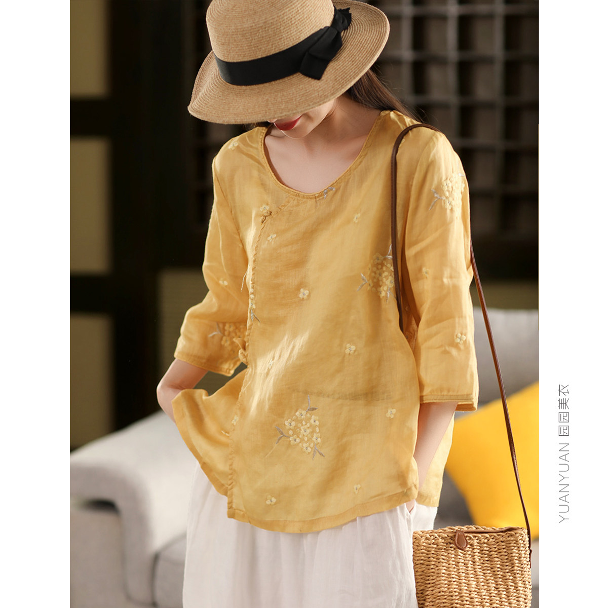 园园美衣新中式斜襟盘扣刺绣100%苎麻衬衫气质圆领套头衫薄款上衣,女装/女士精品,衬衫,淘宝优惠券,粉丝福利购,淘宝优惠卷