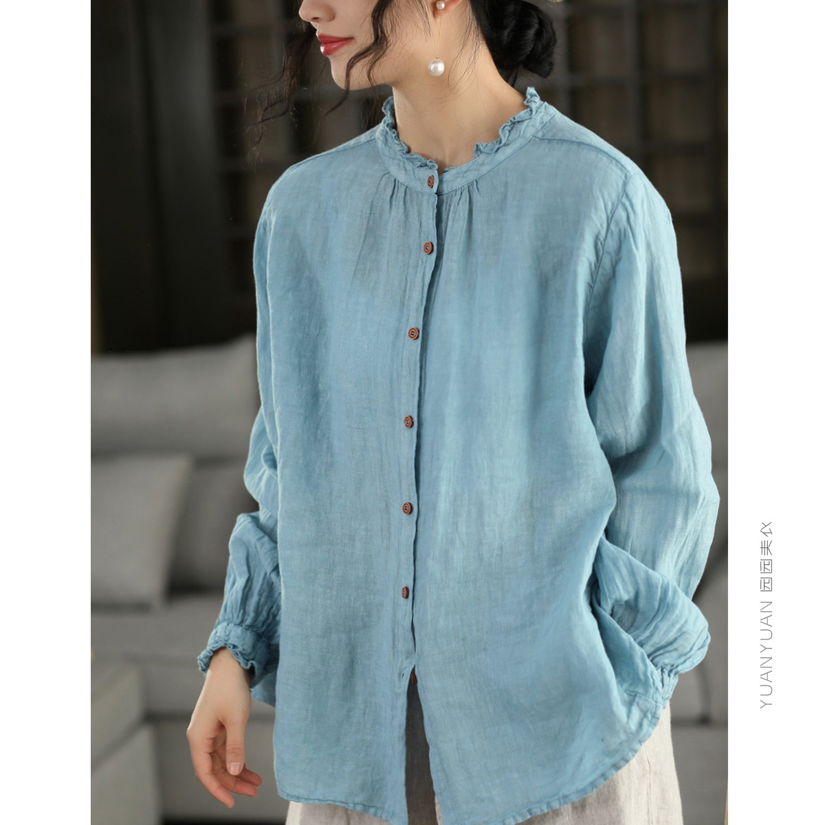 前后两穿木耳边衬衫女复古100%汉麻衬衫气质单排扣上衣开衫衬衣春