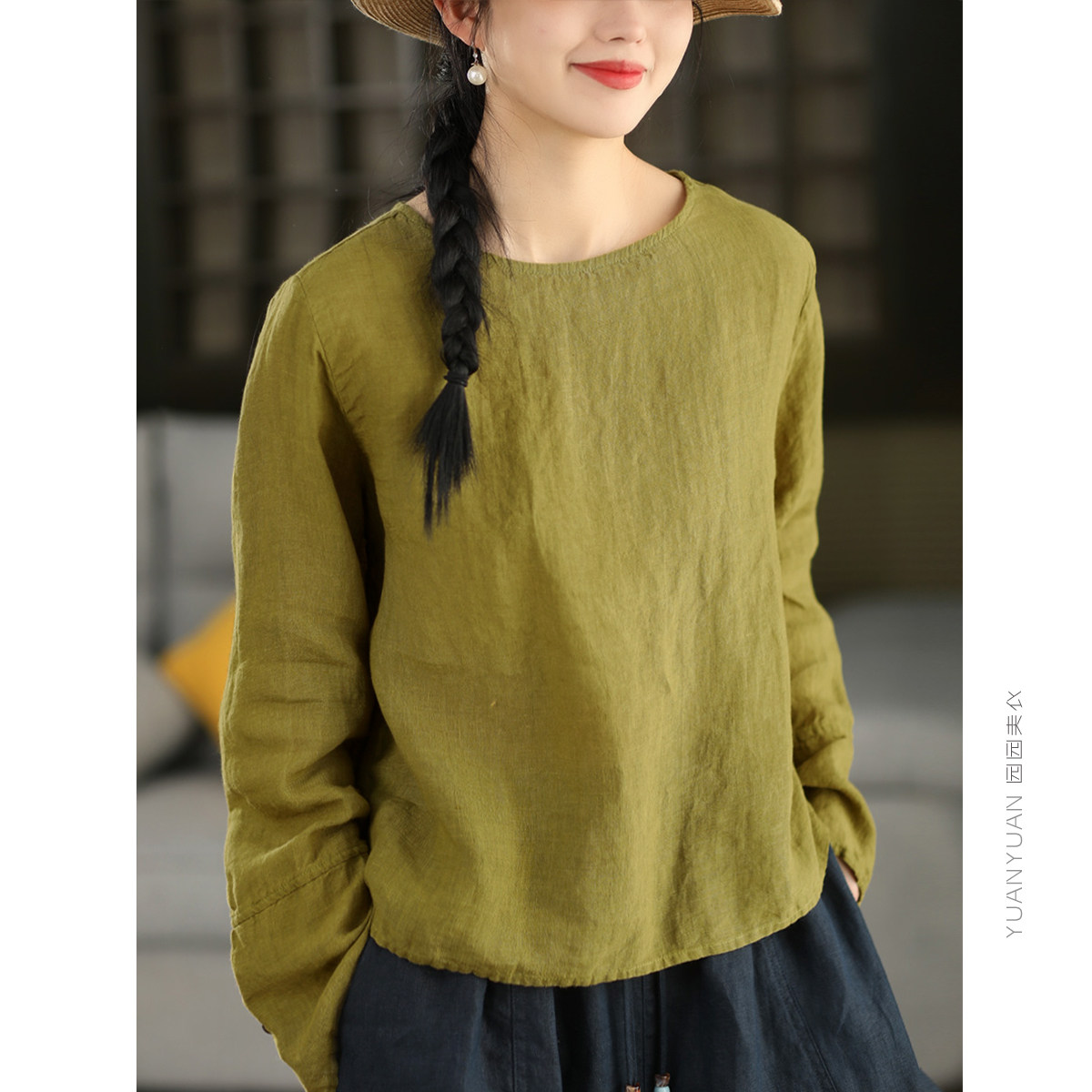 复古砂洗100%亚麻加长微喇袖衬衣女气质春款圆领套头衫衬衣上衣