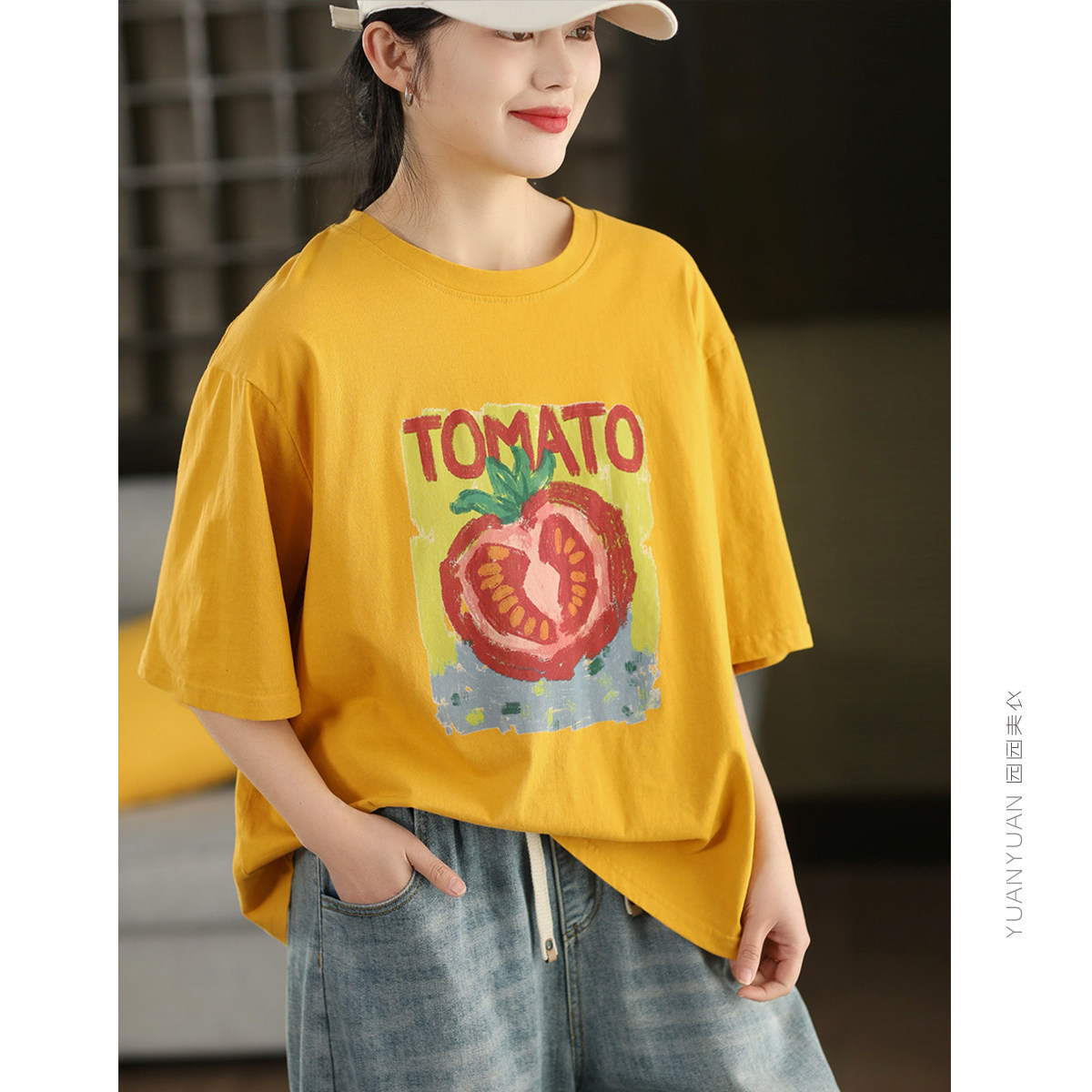 园园美衣复古100%棉印花上衣夏季百搭圆领全棉T恤套头衫宽松短袖