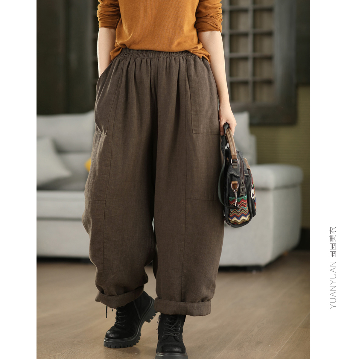 砂洗麻夹棉麻裤保暖加厚麻裤