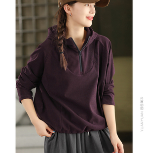 园园美衣秋款时尚德绒色织连帽卫衣女宽松抽绳摆套头上衣显瘦帽衫