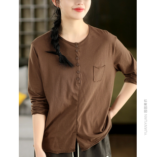 文艺休闲上衣 全棉套头衫 园园美衣复古炒色100%棉长袖 T恤女春款