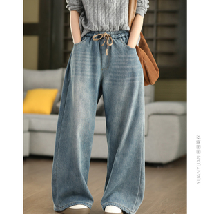 保暖文艺长裤 女高腰加厚直筒裤 复古牛仔加绒阔腿裤 3.25美衣冬季