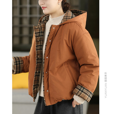 拼接格纹加厚外套连帽加绒棉袄