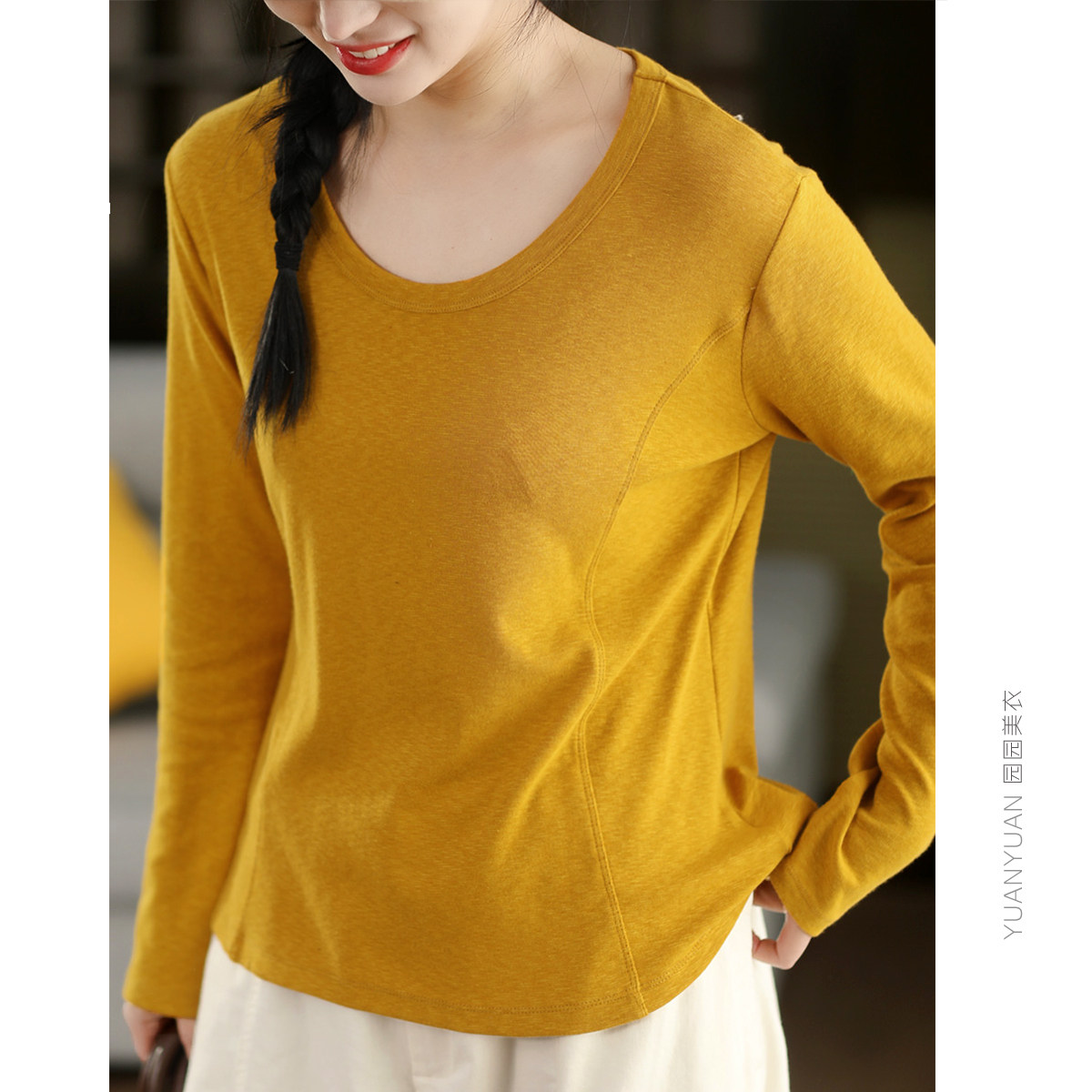 园园美衣新款复古竹节棉套头衫女立体拼接显瘦春款长袖T恤上衣,女装/女士精品,T恤,淘宝优惠券,粉丝福利购,淘宝优惠卷