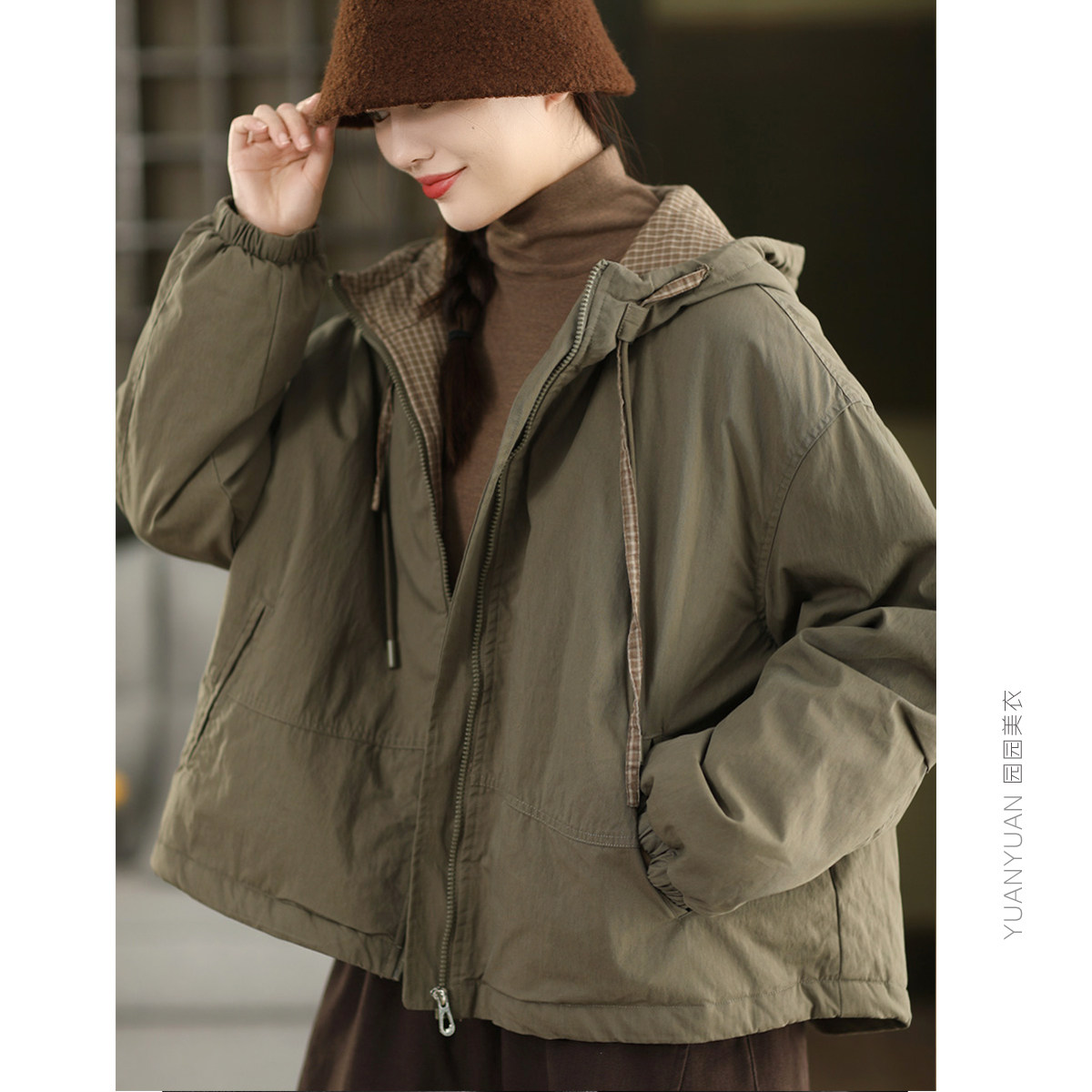 园园美衣冬季复古高密棉夹棉连帽外套女加厚保暖棉袄内里格纹棉衣,女装/女士精品,棉衣/棉服,淘宝优惠券,粉丝福利购,淘宝优惠卷