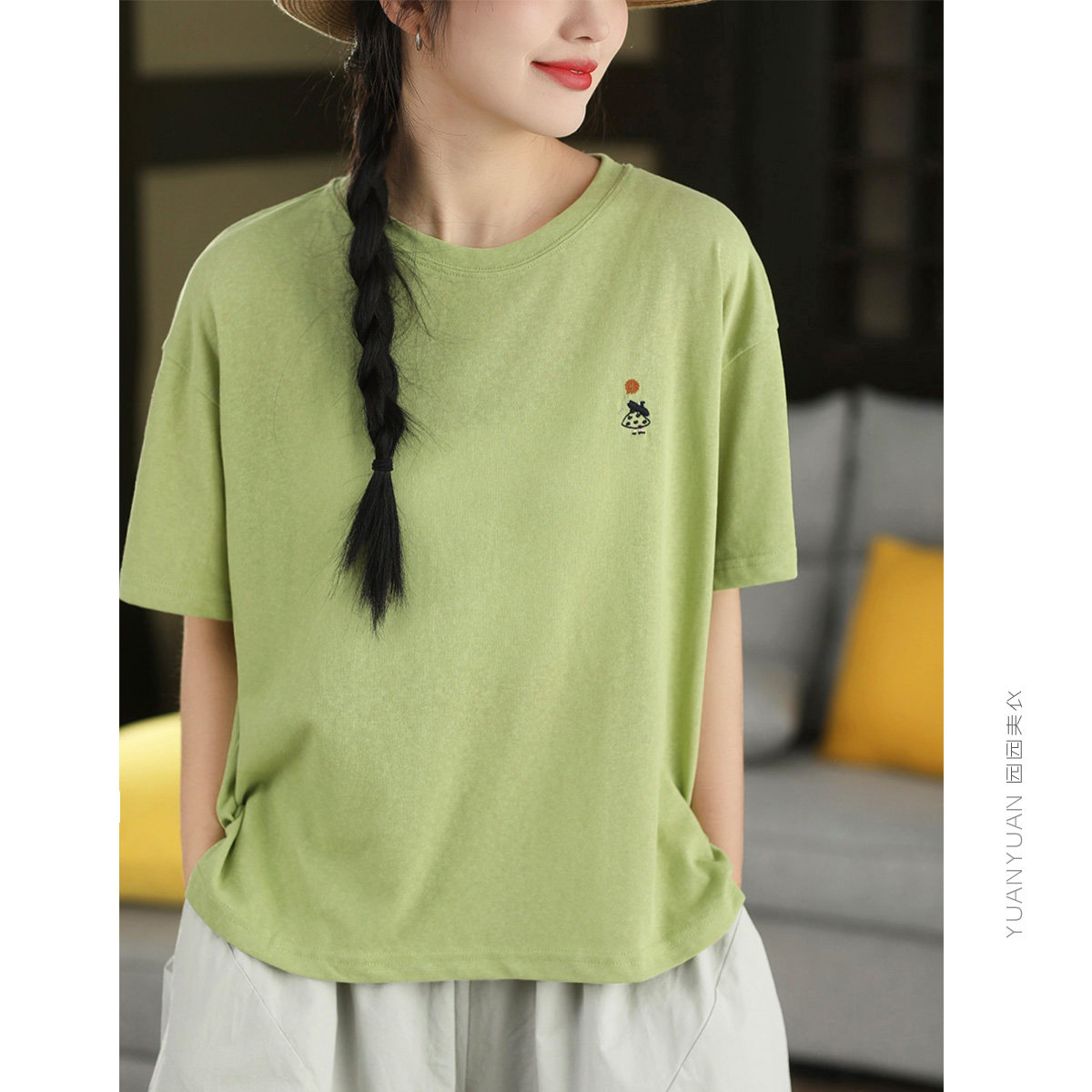 园园美衣复古麻感棉透气短袖文艺刺绣圆领套头衫夏季百搭T恤上衣