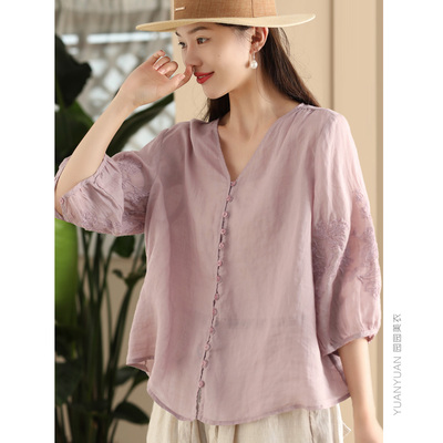 宽松复古单排扣苎麻刺绣