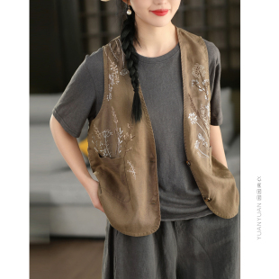 园园美衣复古重工刺绣100%亚麻马甲外套春夏气质绣花无袖 马夹上衣