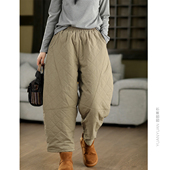 九分裤 松紧腰夹棉保暖哈伦裤 复古菱格高密棉加厚棉裤 园园美衣冬季