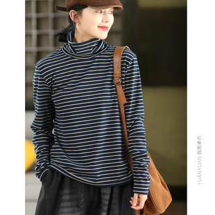 园园美衣冬季复古双面澳绒条纹打底衫女时尚高领长袖显瘦内搭上衣