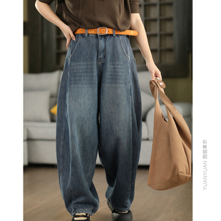 休闲长裤 园园美衣冬季 显瘦阔腿裤 女高腰宽松老爹裤 复古牛仔加绒裤