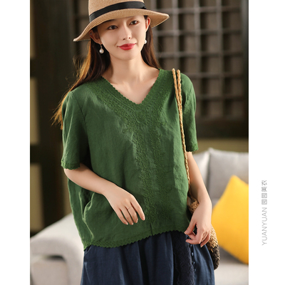 刺绣汉麻衬衫短袖衬衣上衣