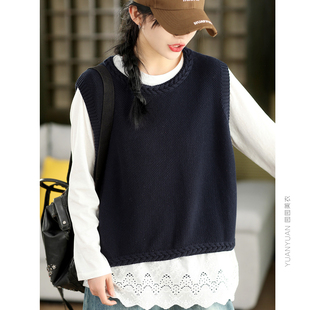 园园美衣复古棉线背心无袖针织马甲女春款文艺圆领套头马夹上衣