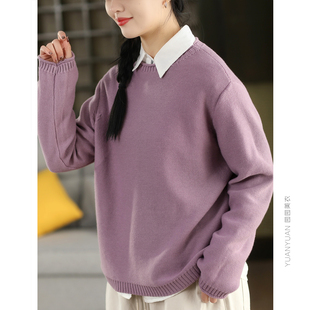 园园美衣新款复古棉线套头毛衣女时尚春款气质圆领长袖针织上衣