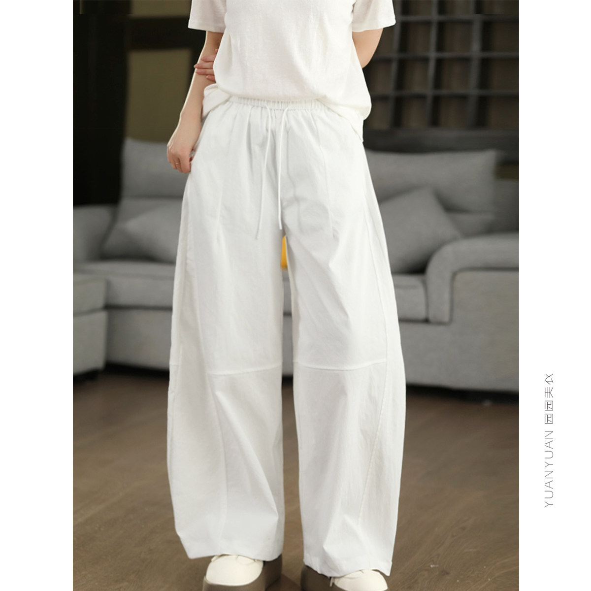 复古高密锦棉显瘦弯刀裤系带松紧腰工装裤显瘦镰刀裤宽松香蕉长裤