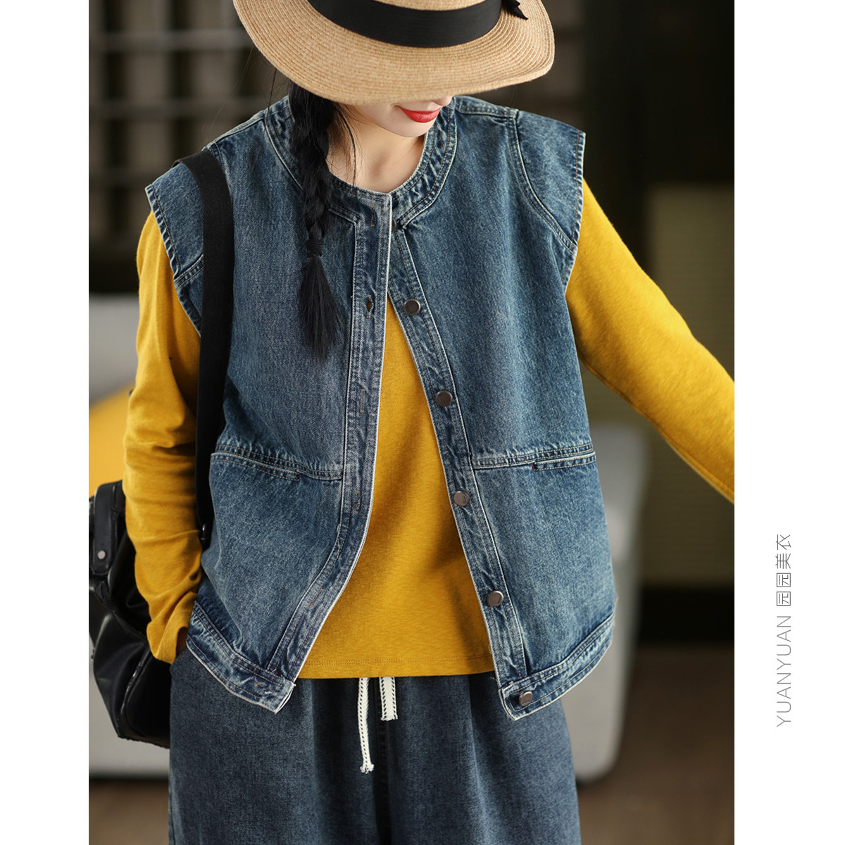 园园美衣复古炒色牛仔马甲外套女春款时尚单排扣无袖马夹开衫外搭,女装/女士精品,马夹,淘宝优惠券,粉丝福利购,淘宝优惠卷