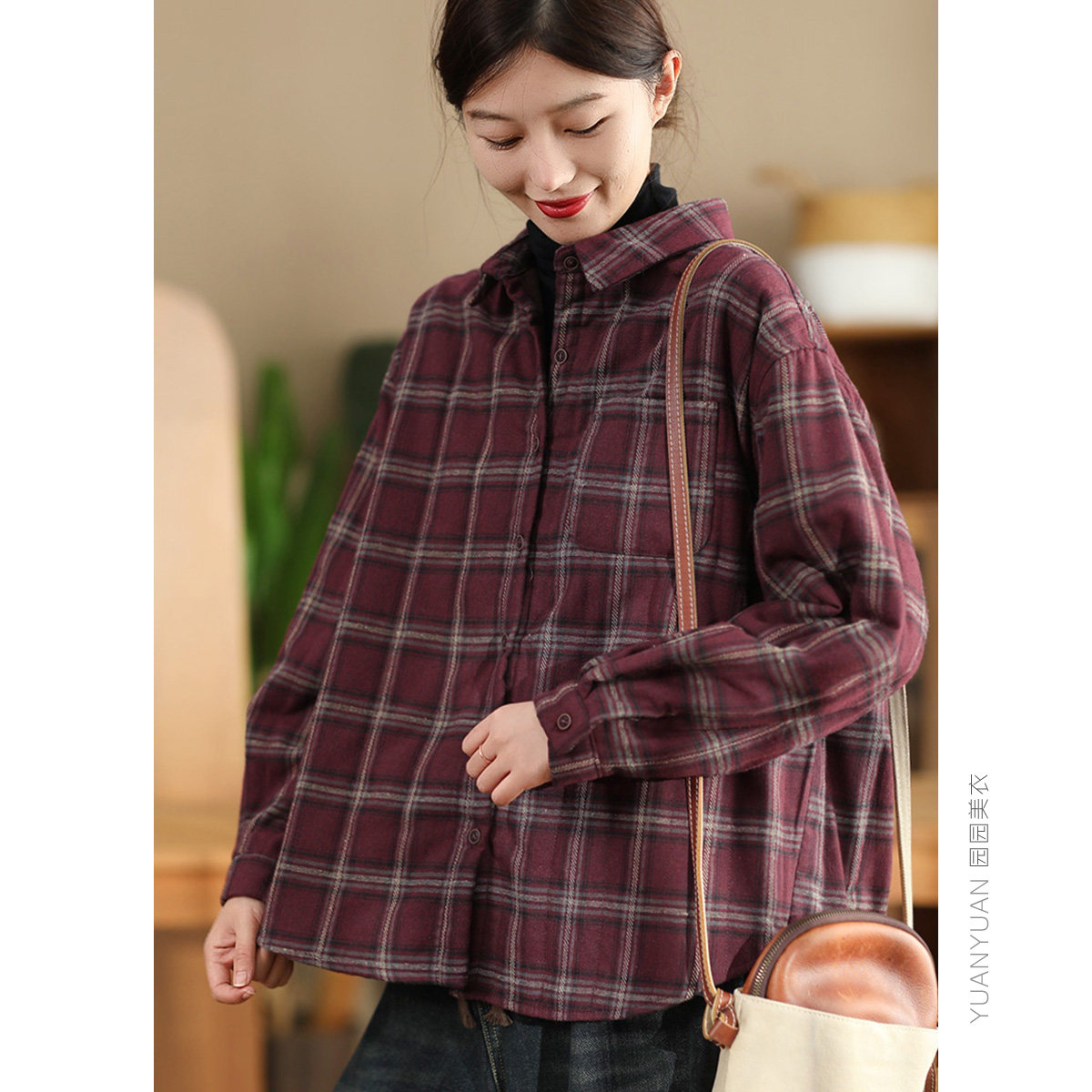 园园美衣冬季复古色织格纹夹棉衬衫女100%棉加厚格子保暖棉服外套