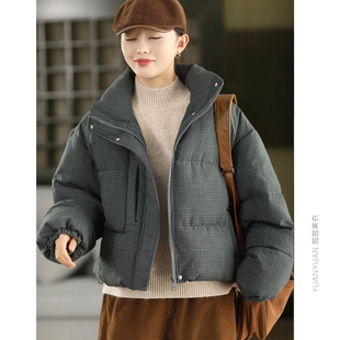发热石墨烯保暖棉袄女冬季云绒加厚格子棉衣时尚短款蓬松棉服外套