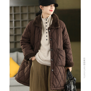 内里仿兔毛厚绒加厚保暖外套棉衣复古冬季 加绒棉袄棉服 中长款